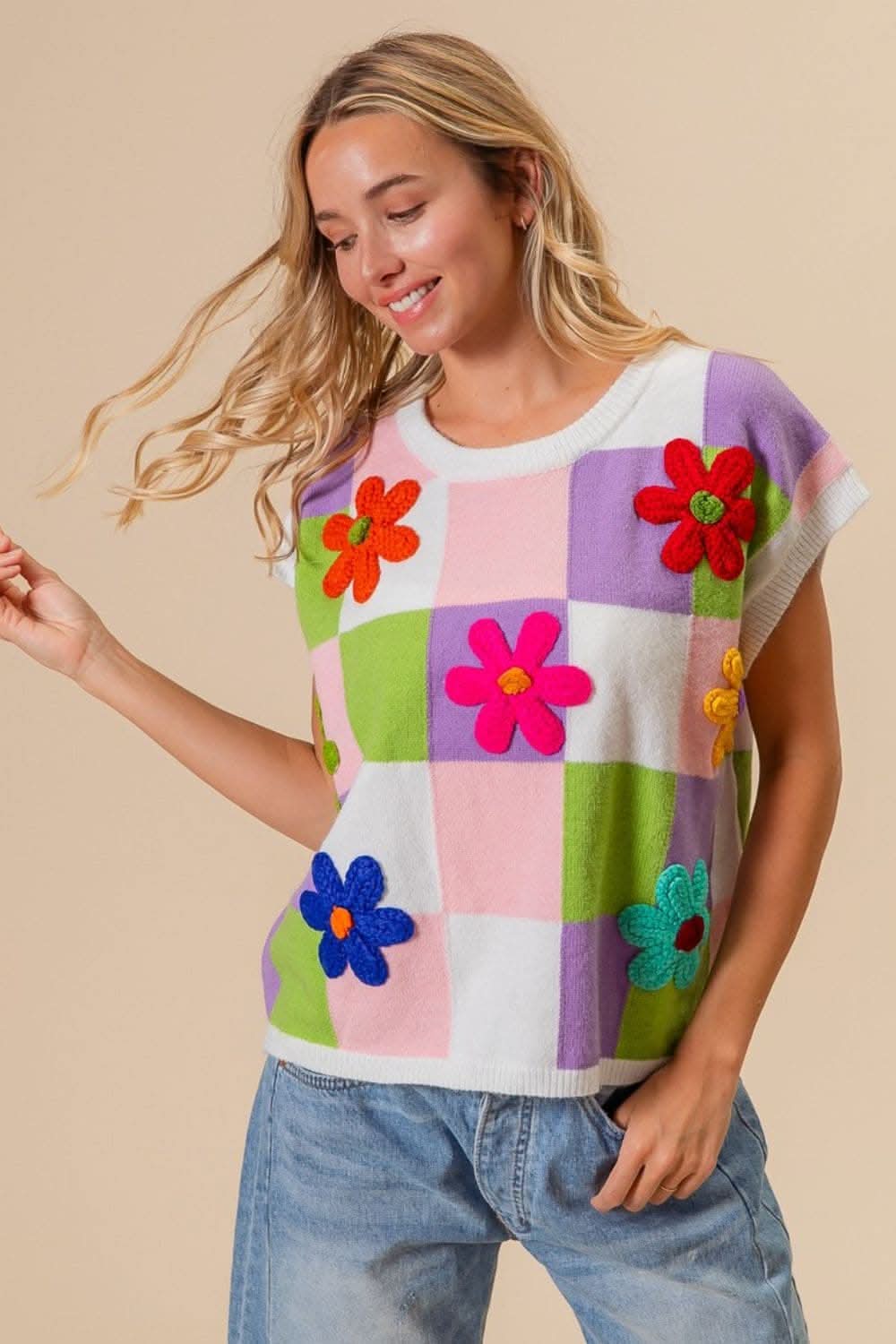 Charming floral checkered sweater vest by BiBi - Love Salve